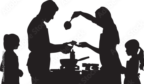 Family cooking together in the kitchen preparing food silhouette scene with two children