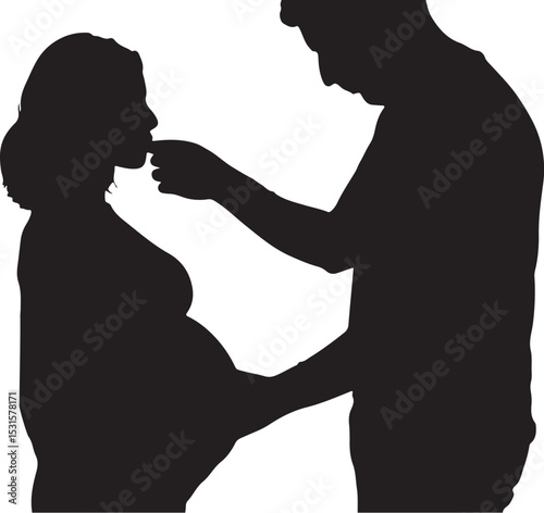 Silhouette depicting an expectant mother and her partner sharing a tender moment together
