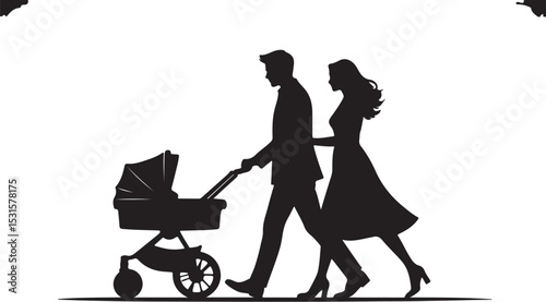 Silhouette of a family walking together with a baby stroller symbolizing parenthood and happiness
