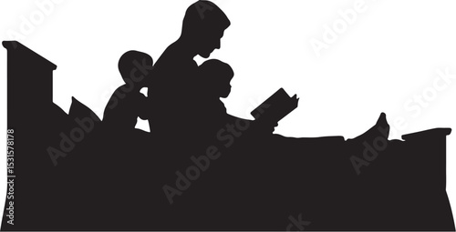 Silhouette of a parent reading a book to children in bedtime scene black and white