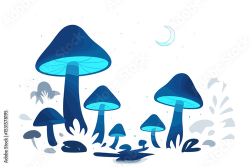 In the forest at night, magic mushrooms abound, set amidst a fantasy landscape
