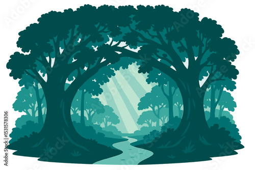 A mystical landscape featuring silhouettes of trees from a magical forest, a walkway, and sun rays, all presented as a vector graphic illustration