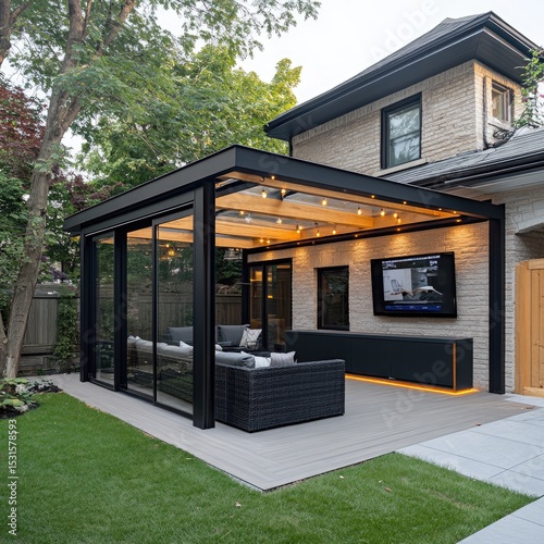 Fototapeta Naklejka Na Ścianę i Meble -  Modern outdoor living space with glass walls and a TV
