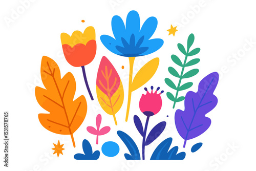 Fantasy leaves and flowers composition, illustrated in bright colors for a children's fairy tale, is represented as vector clipart of imaginary magic plants in an abstract isolated composition