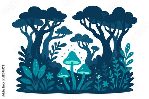 Isolated vector illustration depicting a mystical forest with bioluminescent plant life