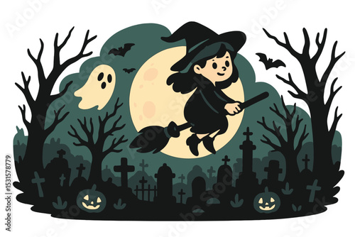 A vector background depicting a scary graveyard at night includes a witch flying on a broom, a cute girl dressed as a wizard soaring above a forest cemetery, and a ghost, all illuminated by moonlight