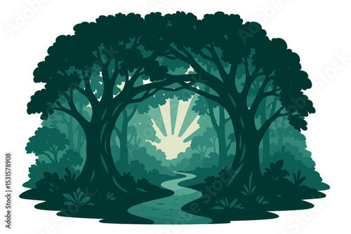 Vector illustration of a natural arch formed by tree trunks, branches, and lush foliage, set against a mystical landscape with forest trees, a walkway, and sun rays