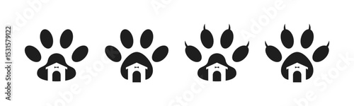 Set of animal paw print with house. Paw prints cat and dog with house icon set illustration