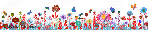 Horizontal abstraction seamless banner decorated with blooming flowers and leaves. Spring floral backdrop with butterflies. Flat vector illustration on white background