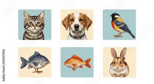 Illustrations of domestic animals including a cat, dog, bird, two fish, and a rabbit in portrait cards