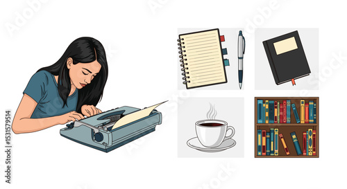 Illustration of a woman typing on a typewriter with books, a notebook, and a cup of coffee nearby