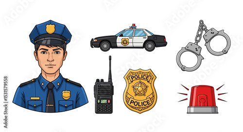 Illustration showing a police officer, police car, handcuffs, radio, badge, and siren light isolated