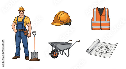 Illustration of a construction worker with tools and safety equipment on a white background scene set