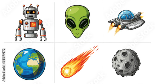 Illustration of a robot, alien, spaceship, earth, comet, and moon arranged in a grid pattern