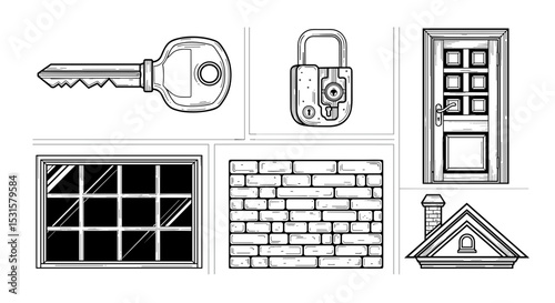 Illustration of a key, padlock, door, window, brick wall, and roof with a chimney in black and white