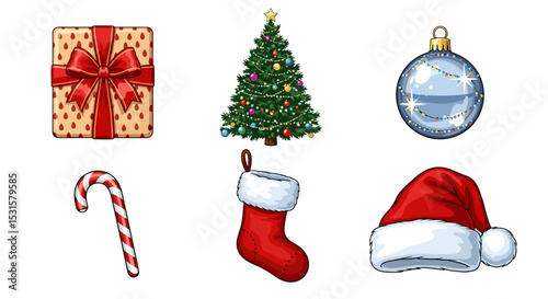 Illustration of christmas themed items including a gift, tree, ornament, candy cane, stocking and hat