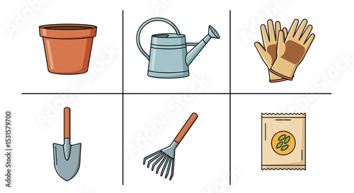 Illustration of gardening tools including a pot, watering can, gloves, shovel, rake, and seed packet