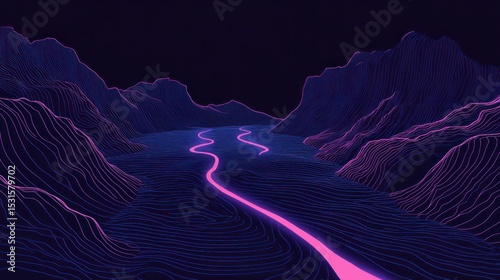 Dark, vibrant landscape with a glowing pink river