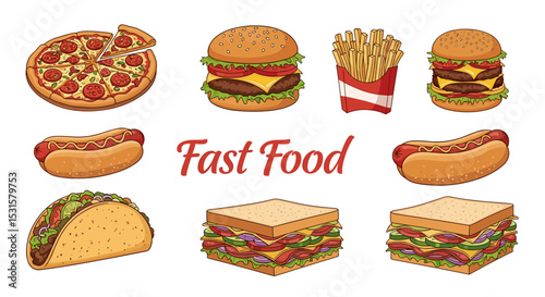 Illustration of assorted fast food items including pizza burgers fries hotdogs tacos and sandwiches shown