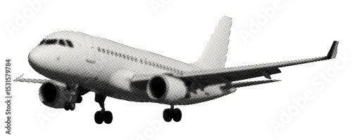 airplane in mid-flight with landing gear deployed isolated halftone vintage dots texture cut-out retro collage element for mixed media design