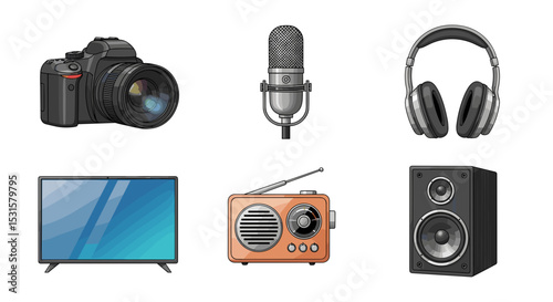 Illustration of various electronic devices including a camera microphone headphones and television set