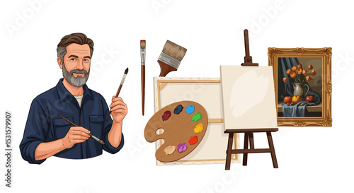 Illustration of an artist with painting supplies including brushes canvas and a finished painting on display