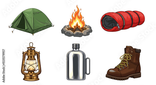 Illustration showing camping equipment including a tent, campfire, sleeping bag, and other supplies