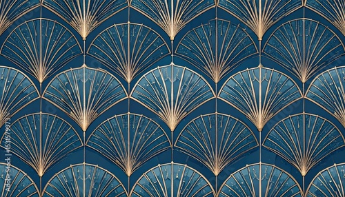 A striking art deco design with a repeating pattern of fan-shaped elements in teal and gold, creating a luxurious, vintage aesthetic.