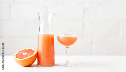 Fresh grapefruit juice in carafe and glass next to halved fruit   photo