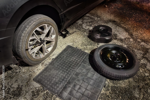 Close-up of a flat tyre being changed on a car by the side of a road
