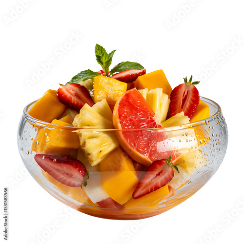 Refreshing bowl of mixed fruit salad featuring mango strawberries grapefruit and pineapple