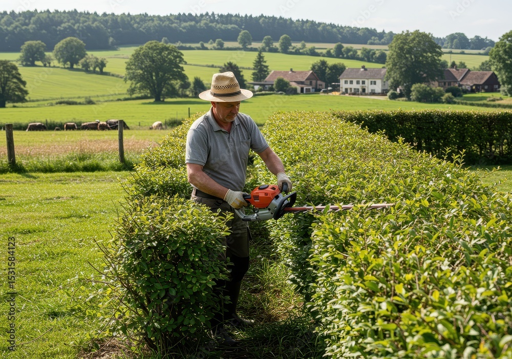 Fototapeta premium Person Trimming Hedge with Electric Hedge Trimmer in Green Landscape Under Bright Sunlight in Rural Setting