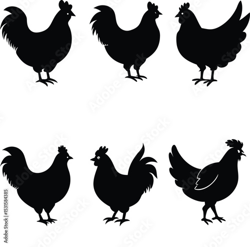 Six Black Chicken and Rooster Silhouettes - Farm Poultry Vector Set for Agricultural Design