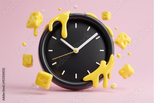 A black clock with yellow cheese cubes and drips floating around it on a pink colored background