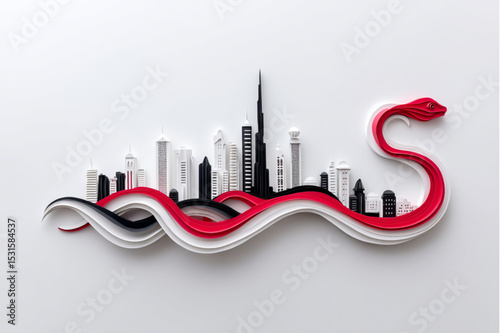 Paper art of a city skyline with a red snake winding through it on a white background, overhead view