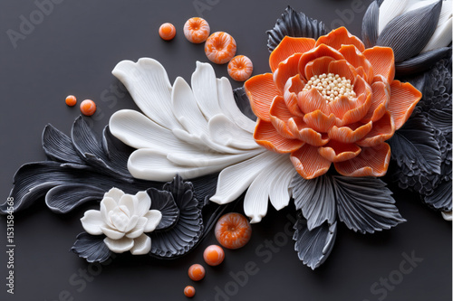 A close up of decorative flowers and leaves in orange white and gray on a dark gray background