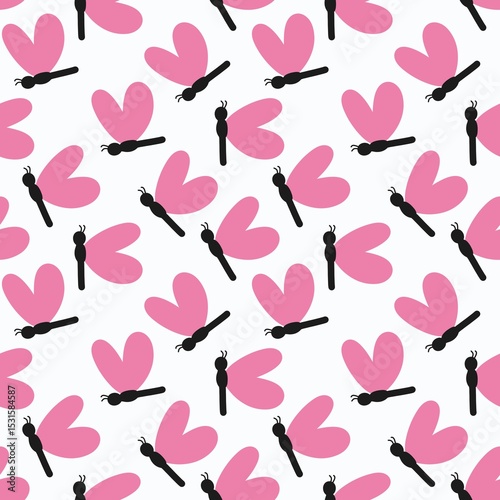 Cute seamless pattern with pink butterflies or moths and black bodies on white background. Perfect for baby, kids, and feminine designs.