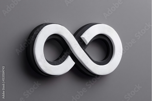 A close up of a white and black infinity symbol on a gray background in a studio setting