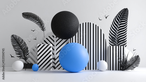 Geometric still life with spheres cubes feathers and striped shapes in a white background scene
