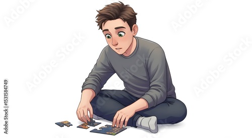 A thoughtful young man is sitting on the floor, engrossed in assembling a jigsaw puzzle. This illustration shows concentration and a quiet hobby.