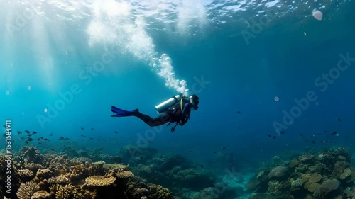 Wallpaper Mural Scuba Diver Explores Turquoise Ocean Among Vibrant Coral Reefs with Sunlit Surface Torontodigital.ca