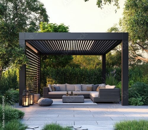 Modern dark pergola with patio furniture