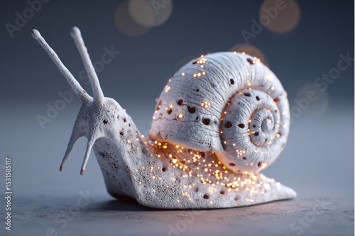 Close up of a white snail with glowing lights on its shell against a blurred background in studio shot