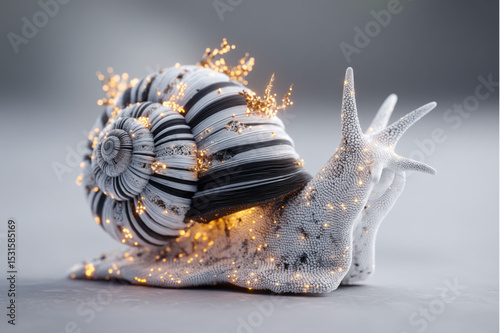 A stylized snail with a striped shell and glowing lights on a neutral background in a close up view