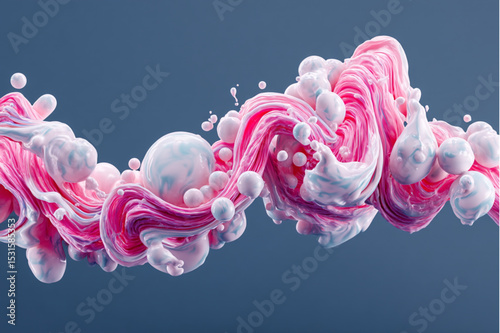 Abstract pink and white wave with spheres on a gray background in a rendered digital art style