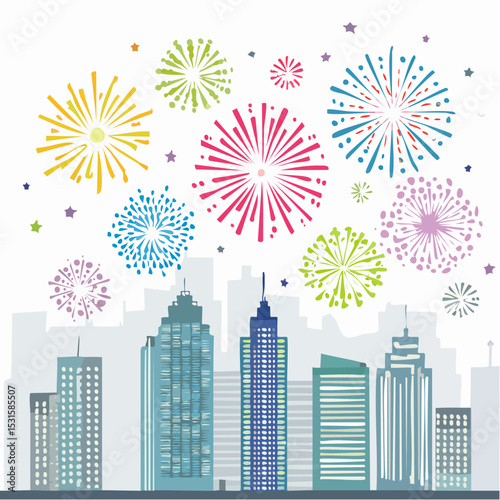 Vector of fireworks exploding above a simple city skyline on white background.