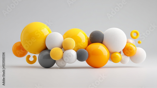 A group of colorful spheres and torus shapes arranged on a light gray surface in a studio setting