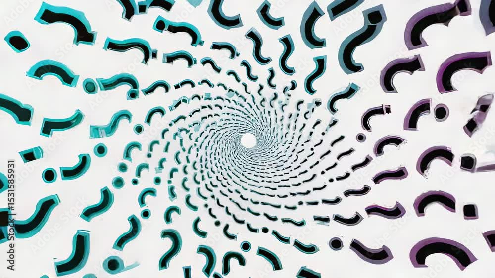 Abstract swirling tunnel of question marks, vibrant colors, dynamic motion, and optical illusion effect