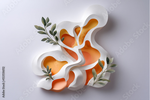 Abstract paper cut design with orange layers and green sprigs on a white background studio shot view