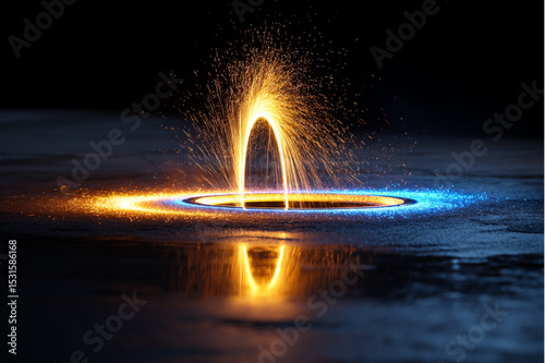 A circular portal of light emitting sparks and reflecting on a dark surface with blue accents near it